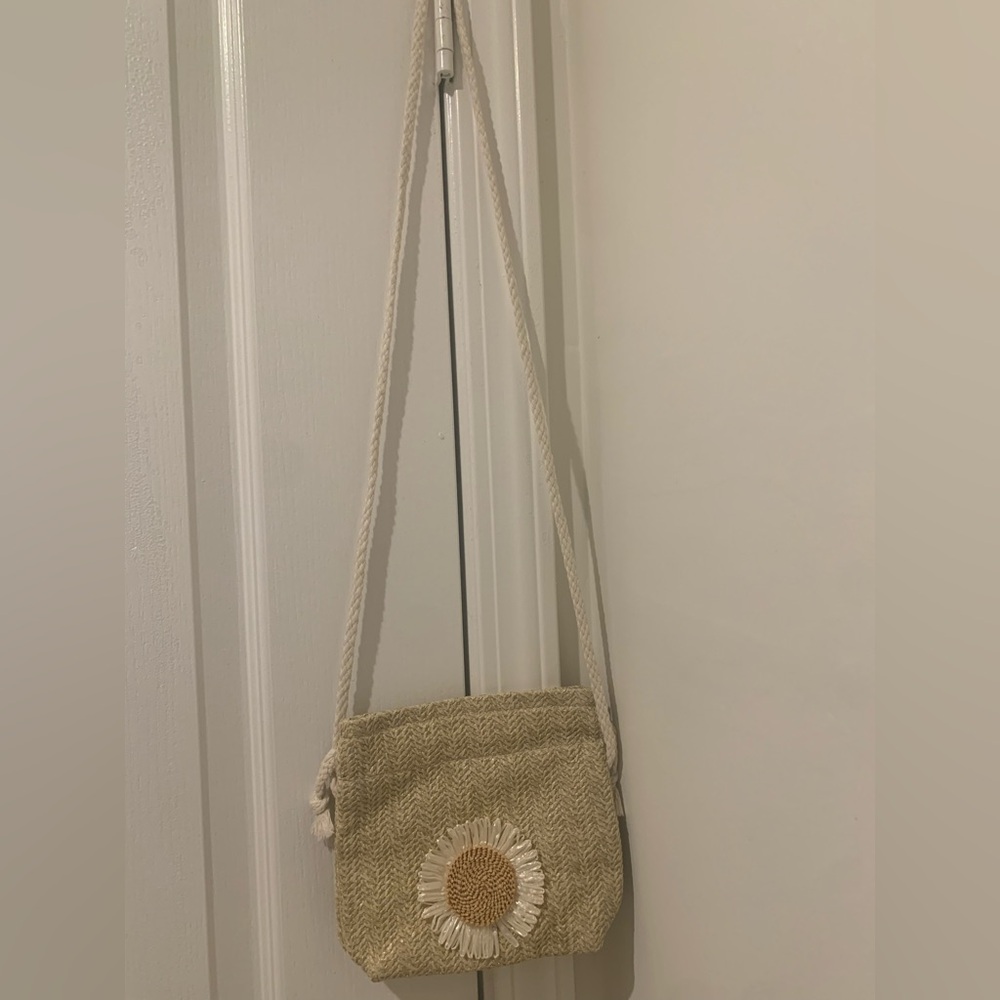 Floral Adjustable Braided Drawstring Two-Tone Khaki Crossbody Bucket Bag NEW